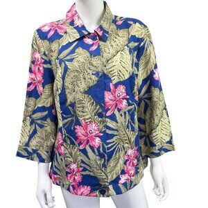 Chicos Tahiti Tropics Linen Jacket 3/4 Sleeve Size 2/L Corsican Blue Floral Prin